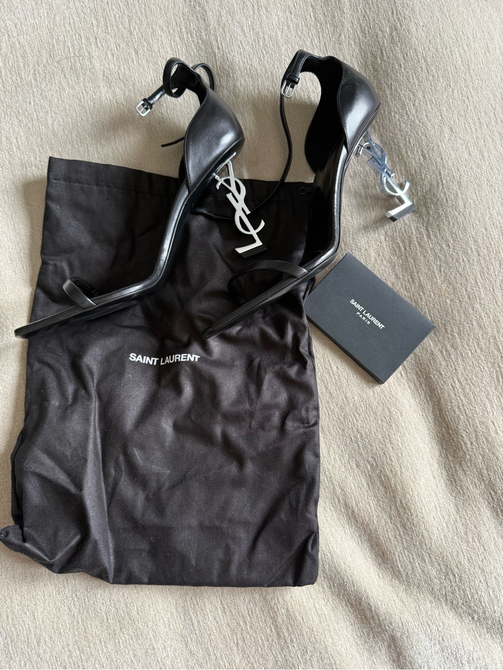 Saint Laurent Black Leather Sandals with Silver YSL Logo Heels - Picture 5 of 8